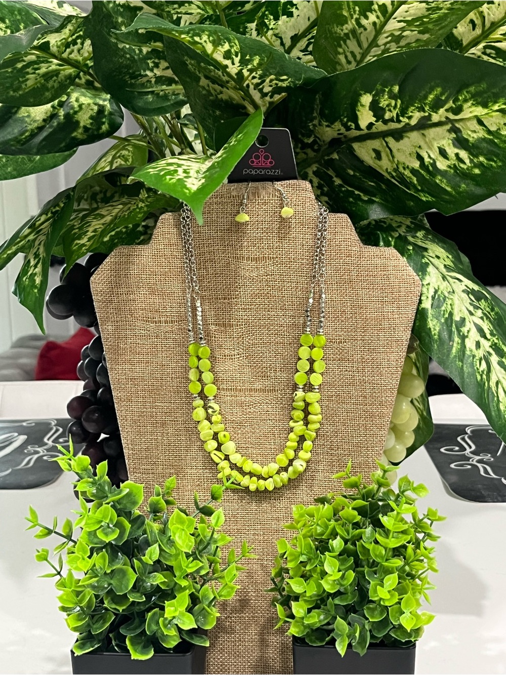 paparazzi Neon Lime Double-Strand Beaded Necklace with Stud Earrings